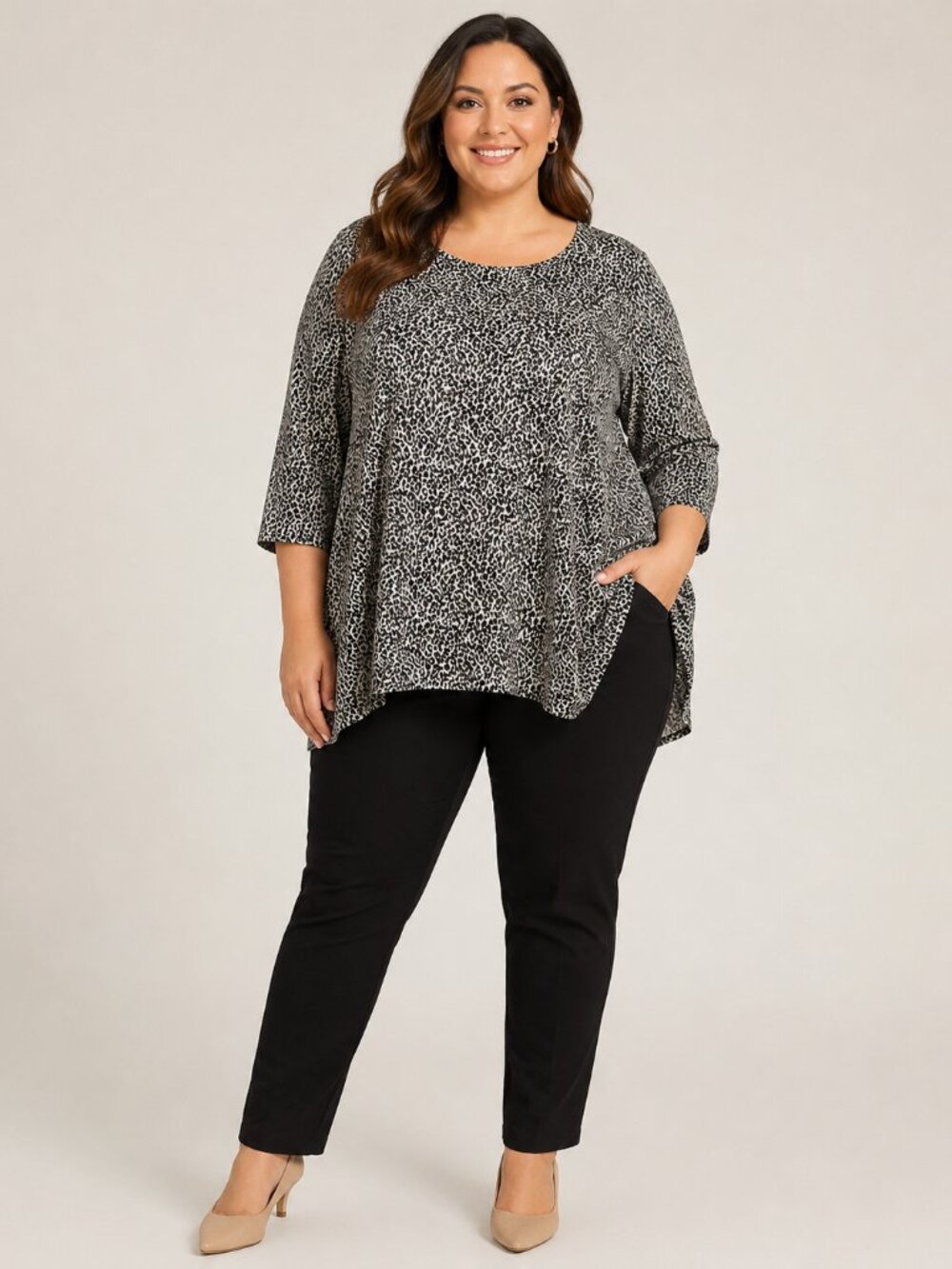 Nicole Miller Studio 3X Black White Animal Print Swing Top 3/4 Sleeve Plus Size